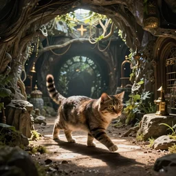 futuristic VFX movie of a cat walking through a wizards magic underground lair,natural lighting by Emmanuel Lubezki