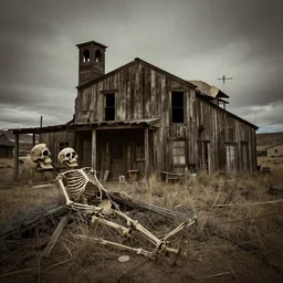 old west ghost town, skeletal remains, eerie