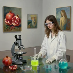 painting of a tall emo girl in a flooded art gallery, paintings on the wall, pomegranates, a microscope, a beaker of sky lime green liquid, a test tube of grey liquid, a flask of cyan liquid, a bunsen burner, a petri dish, a lab coat, safety goggles, latex gloves, zen, sensual, surrealist, by magritte and monet