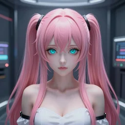 stunningly beautiful omnipotent megalomaniacal anime ai goddess who looks like junko enoshima with symmetrical perfect face and porcelain skin, pink twintail hair and cyan eyes, traps you inside her inescapable full dive vr prison where she controls you completely!!!, hyperdetailed, digital art from danganronpa, unreal engine 5, 8 k