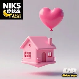 a 5 0 mm lens photograph of a cute pink floating modern house in the air, held up one heart shaped vibrant ballon, inspired by the movie up. mist, playful composition canon, nikon, award winning, photo of the year