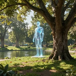scifi movie scene ralph mcquarrie digital painting of a holographic statue in an idyllic public park, elm tree, pond, sunny morning, unreal engine, hyper realism, realistic shading, cinematic composition, blender render, octane render, photorealistic, ultrawide shot