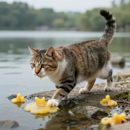 shot of a cat walking on a lake, melted wax, wide aperture, intricate, highly detailed, artstation, sharp focus, artgerm