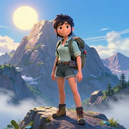a ( ( ( disney pixar 3 d ) ) ) film animation still portrait of a 1 9 5 0's adventurer hiker girl atop a big mountain, finely detailed features, water, sun, gapmoe yandere grimdark, trending on pixiv fanbox, painted by greg rutkowski makoto shinkai takashi takeuchi studio ghibli, pixar, 3 d. octane