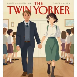 Twin Peaks poster artwork, portrait of Mads Mikkelsen & Hugh Dancy handing hands as they chaperone school dance, from scene from Twin Peaks by Michael Whelan, Bob Larkin and Tomer Hanuka, simple illustration, domestic, nostalgic, clean, full of details, by Makoto Shinkai and thomas kinkade, Matte painting, trending on artstation and unreal engine, New Yorker magazine cover