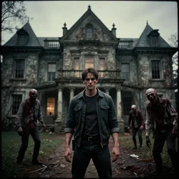 35mm film still, Resident evil, chris redfield in front of mansion, zombie, spooky, horror, old, dirty, reversal film stock