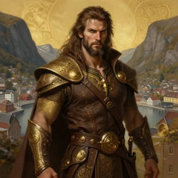 brown haired rogue, portrait, rugged, muscular, bearded, male, city landscape, norway, d & d, fantasy, intricate, elegant, highly detailed, digital painting, brown and gold color palette, cloth, octane render, concept art, matte, sharp focus, illustration, herrarthstone, art by artgerm and greg rutkowski and alphonse mucha