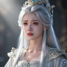 portrait of royal princess with silver white hair, crying, intricate silk clothing, fantasy, headpiece, digital 2 d illustration, 4 k, highly detailed, octane renderer, artstation trending, cinematic lighting, reflections, god rays, particles, micro detail, style of wlop, tom bagshaw