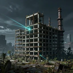 a beautiful photorealistic illustration of industrial architecture nature urbex building abandoned unfinished building city orpheum by le corbusier, wilderness bioshock nightvision jupiter futuristic at night myst alien architecture island magic realism laser, archdaily, wallpaper, highly detailed, trending on artstation.