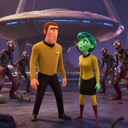 a photo of a Starfleet starbase overrun with zombies, Captain Kirk still manages to get the babe with the green skin, Pixar studios animation, 8k