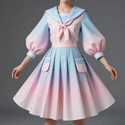 designer figure collection ball shaped accordion sleeve ready to wear couture, sailor uniform, midi skirt, coat pleats, synthetic curves striking pose, dynamic folds, cute pockets, volume flutter, youthful, modeled by modern designer bust, body fit, award fashion, picton blue, petal pink gradient scheme, light holographic tones, expert composition, high detail, professional retouch, editorial photography