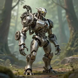 highly detailed gear based lifeform, concept art, character design, blurred forest backdrop