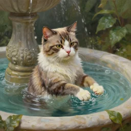 a beautiful detailed oil painting of a humanoid cat bathing in the fountain of youth,, cinematic, 8 k resolution, cinematic, subsurface scattering,