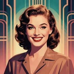smiling, happy, beautiful, intelligent, powerful 1 9 2 0 s movie star loving eyes, fully clothed, casual clothing, wise, beautiful, dramatic lighting, sharp focus, art deco patterns by stanley artgerm, retro futurism, dramatic lighting, trending on artstation, flat colour, geometric curves, gradient filter