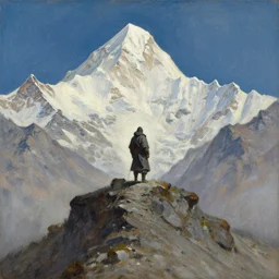 painting of a lonesome warrior at the peak of himalayas, style of conrad roset, hiroki takeda