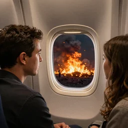 passenger looking a wildfire at window in airplane, by Ross Tran, Jessica Rossier, trending on artstation