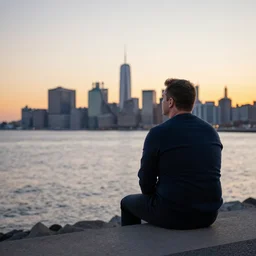 michael scott sitting facing the sea at marine drive with the skyline in background, sunset, ultra detailed, soft lighting