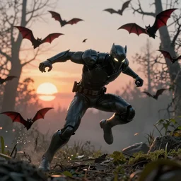 Marvel Comics Ghost Rider Battles Morbius In A Misty Swamp, bats, sunset, volumetric lighting, hyperrealistic, beautiful details, HDR, octane render, action shot, wide angle, bokeh, Yasushi Niarasawa Moebius Jim Steranko Style