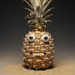 a dusty dry taxidermy of a pineapple, glass eyeballs, false teeth,