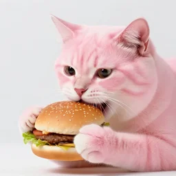 photo of a cat with pink fur, eating a hamburger