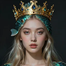 fish queen, fish head queen, crown, fantasy concept art by andreas rocha, face close - up, mermaid queen, portrait