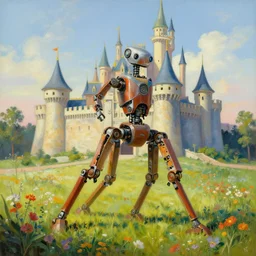 a beautiful painting of a large mechanical castle with robotic legs walking in a field of flowers by moebius