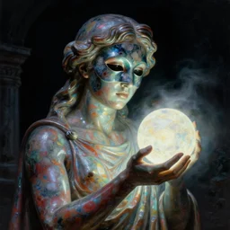 a close - up neoclassicist sci - fi portrait of a colorful chrome marble sculpture wearing a mask holding a dimly glowing orb in a dark moonlit courtyard at night. iridescent textures. glowing fog, black background. highly detailed fantasy science fiction painting by moebius, norman rockwell, frank frazetta, and syd mead. rich colors, high contrast, gloomy atmosphere, dark background. artstation
