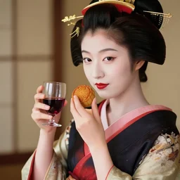 portrait of the most beautiful japanese geisha enjoying wine and mooncake, very detailed, wine bottle, beautiful mooncake, moonfestival decoration, mid autumn fesitval, by artgem, victo ngai, makoto shinkai, by klimt and nixeu and ian sprigger and wlop and krenz cushart