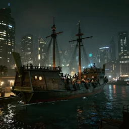 a pirate ship pulls into the port of night city cyberpunk 2077