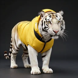 a beautfiul award winning aesthetic commission of an antrho albino tiger wearing a yellow-black padded hooded puffer jacket,digital art,art by greg rutkowski,character design by charles bowater,ross tran,photorealistic,detailed face,hyperdetailed,western comic,2021,artstation,deviantart,detailed face
