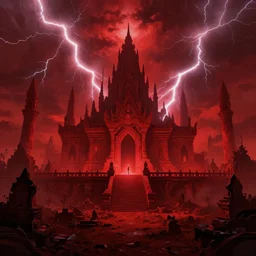 blood red hellscape with lightning and a temple, artwork by brom