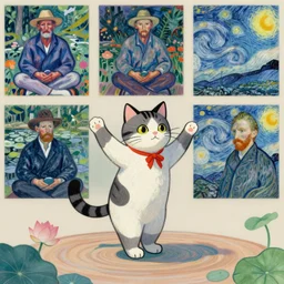 cat dancing during bon odori in lotus pond, paul cezanne, monet, manet, van gogh