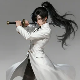 a highly detailed illustration of fierce messy ponytail black haired one eyed japanese delinquent woman wearing long white delinquent coat and wearing eyepatch, dramatic wielding paper sword pose, intricate, elegant, highly detailed, centered, digital painting, artstation, concept art, smooth, sharp focus, league of legends concept art, wlop.