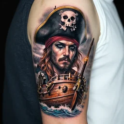 A pirate ship tattoo design in the style of Dmitriy Samohin, hyper realistic tattoo