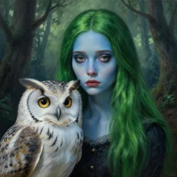 a close up portrait of a lonely young beautiful woman and her massive owl, fine facial features, symmetrical, sad, blue skin, green hair, standing in a forrest, inspired by edward hopper and grand budapest hotel, edward scissorhands, high resolution, octane render, high detailed masterpiece painting