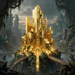futuristic mirror castle built with pyrite by jørn utzon, on top of a castlevania mountain with creepy jungle, abandoned cityscape in the background, pyrite golden buildings bridges with creepy overgrown vegetation by frank gehry, golden buildings by santiago calatrava, glowing reflections, at dusk, octane render redshift unreal engine, composition by mike mignola, rule of thirds, movie poster, front view, central perspective, artstation behance cgsociety weta workshop ilm framestore,