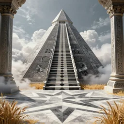 perfectly-centered black and white chequered starcase ascending up a pyramid into the clouds, pillars on either side of the staircase, grain, surrealist, POV shot,  intricate details, ornate, highly detailed, digital painting, artstation, concept art, smooth, sharp focus, illustration, Unreal Engine 5, 8K, art by Joe Fenton and M.C Esche and Rob Gonsalves