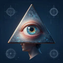portrait of triangle shaped head with single centered giant orb eye, in the style of Greg Broadmore and Arthur Rackham,trending on artstation, light lighting side view,digital art,surrealism ,macro,blueprint ,vaporwave ,