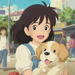 a film still of a disney happy girl with her dog, finely detailed features, perfect art details, in a city, sun, gapmoe, yandere, trending on pixiv fanbox, painted by ( ilya kushinov ) makoto shinkai takashi takeuchi studio ghibli akihiko yoshida, makoto shinkai!!!