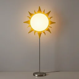 floor standing lamp in the shape of a sun with yellow accents designed by tiffany, advertising photography, luxury home design