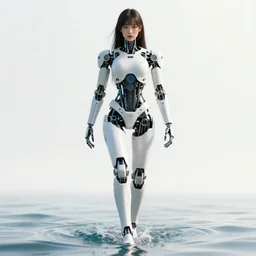 beautiful centered fine art photo portrait of hoyeon jung as a solarpunk robotic humanoid treading above water, white mechanical parts with led lights, ultra - detailed and intricate, white background, sun lighting, soft focus, slow exposure hdr 8 k