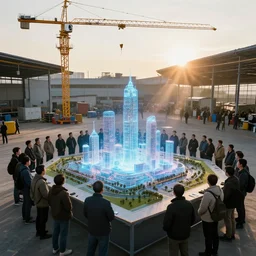 crane shot of large group people in open warehouse, looking at hologram of futuristic city on a table, cinematic still, godrays, golden hour, natural sunlight, 4 k, clear details, tabletop model buildings, tabletop model, ethereal hologram center, crane shot, crane shot, people