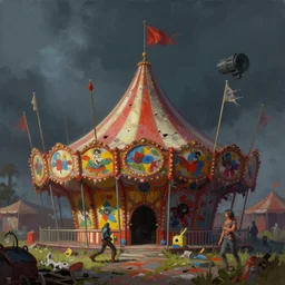 a rendered painting of a run down horror carnival, lots of detail, volumetric lighting, concept art, digital painting, trending on artstation, vivid colours