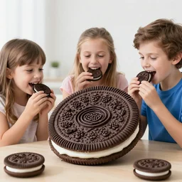 kids feasting on a giant oreo