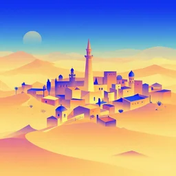 geometric art of a town in a desert, made entirely from gradients, colorful, vector graphics