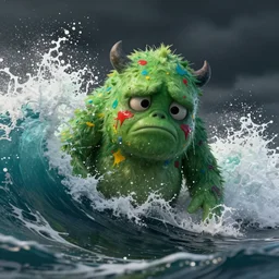 the pain is splattered on the sad monster's green face while huge waves crash against him, water sprays into the air, moody black sky, hints of red and yellow, fantasy, renderman render
