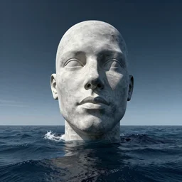 a sculpture of a human head in space on the surface of the ocean, hyper - realistic, very detailed, realistic water, ray tracing, 8 k resolution, long - shot, sharp focus, low angle, 8 5 mm photograph, wide lens