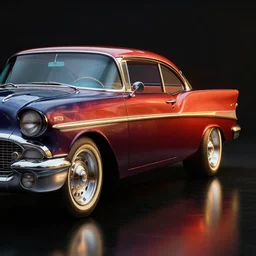 closeup side photo of concept retrofuture 5 5 chevy car on a reflective black floor, hyper detailed, smooth, high contrast, volumetric lighting, golden ratio, octane, jim lee, giorgetto giugiaro, craig mullins, chris bangle, ian callum!, vibrant rich deep color