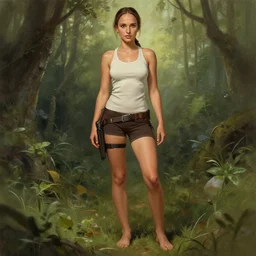 ultra realistic entire body illustration, young natalie portman as lara croft in nature, bare feet, brown hair, intricate, elegant, highly detailed, digital painting, artstation, concept art, smooth, sharp focus, illustration, art by artgerm and greg rutkowski and alphonse mucha