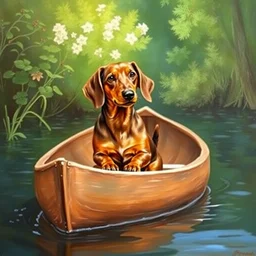 a brown dachshund sitting in a wooden canoe, painting, oil on canvas, adorable, beautiful environment